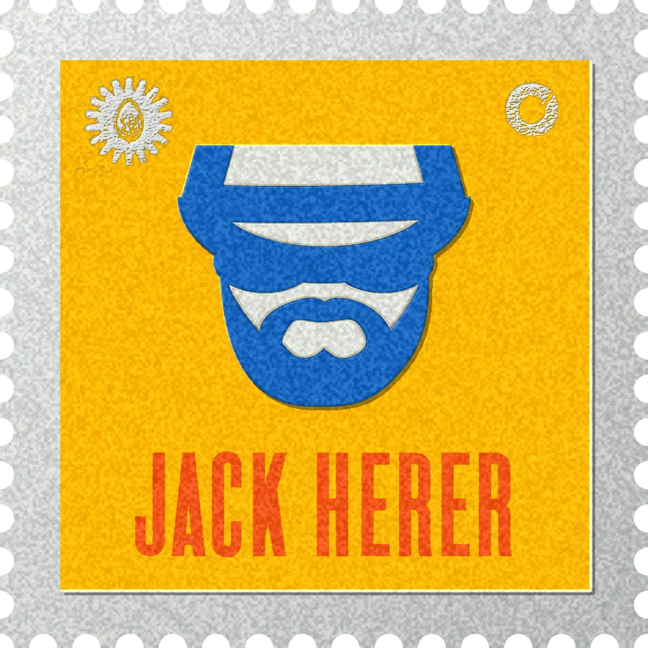Jack Herer stamp, No. 18 in the Official Cannabis collection: a bearded face in a cap on yellow